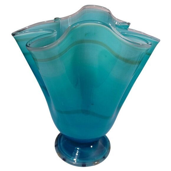 Hand Blown Ocean Waves Gradient Blue Art Glass Pedestal Vase Murano Vintage MCM - Picture 8 of 15